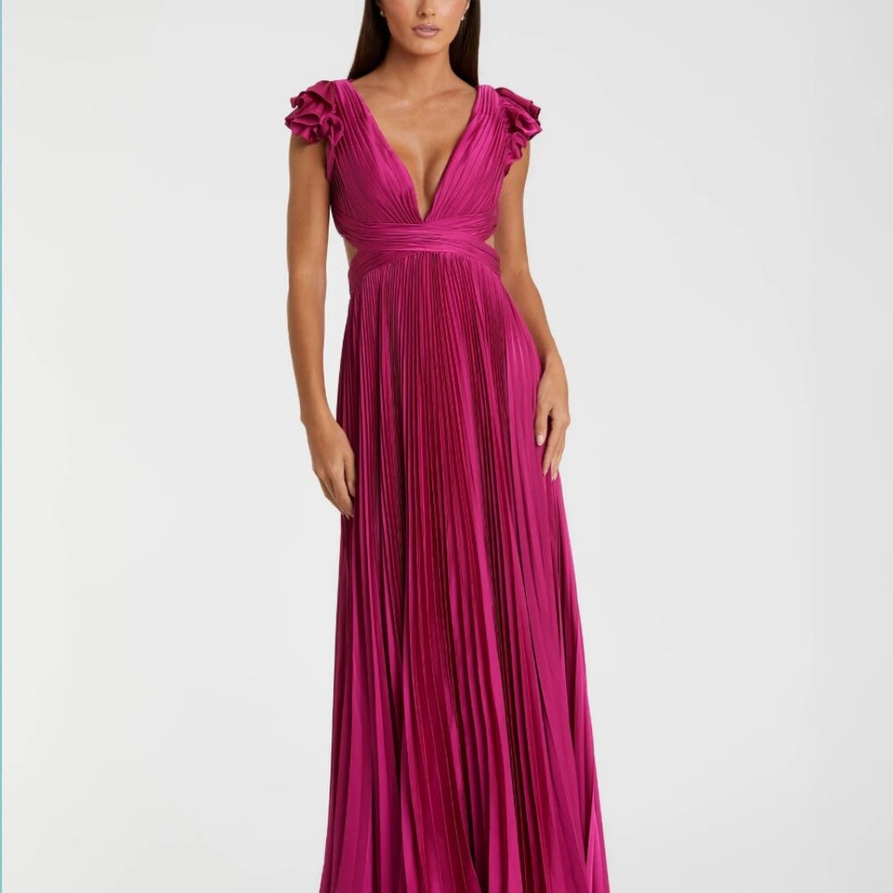 Mac Duggal Pleated Flutter-Sleeve Deep-V Lace-Up Gown